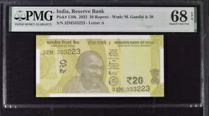 インド 20 ルピー 2022 P 110 k NICE # 32M 333223 Superb Gem UNC PMG 68 EPQ