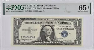 PMG ジェム Unc 65 EPQ $1 1957-B シルバー 証明書 Fr#1621