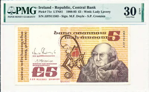 アイルランド中央銀行 5 ポンド 1989 PMG 30EPQ