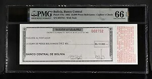 ボリビア 10000 ペソ ボリビアーノス 1982 P 173 a レジ小切手 GEM UNC PMG 66 EPQ