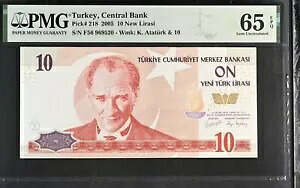 トルコ 10 リラシ 2005 P 218 宝石 UNC PMG 65 EPQ