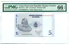 コンゴ民主共和国 1997 5 センタイム紙幣 宝石 Unc 66 EPQ PMG