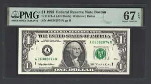 米国連邦準備制度 1 ドル 1995 Fr#1921-A (AN ブロック) UNC グレード 67