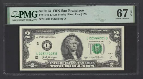 米国連邦準備制度 2 ドル 2013 Fr#1940-L (LB ブロック) UNC グレード 67