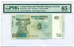 コンゴ民主共和国 1997 10 フラン紙幣 Gem Unc 65 EPQ PMG