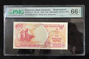 インドネシア銀行「交換」 100 ルピア 1992/1997 ピック#127f* PMG 66 EPQ UNC