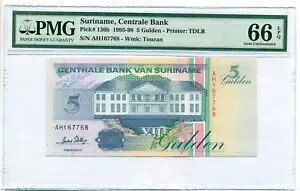 スリナム 1995-98 5 グルデン紙幣 宝石 Unc 66 EPQ PMG 39,325円