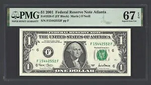 米国連邦準備制度 1 ドル 2001 Fr#1926-F (FF ブロック) UNC グレード 67