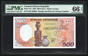 1987 中央アフリカ共和国、500 フラン、ピック-14c、PMG 66 EPQ Gem UNC
