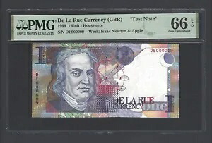 De La Rue One Unit ND(1999) Isaac Newton &Apple S/N000009 テストノート UNC Grade 66