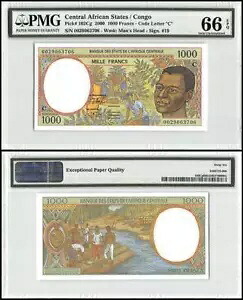 中央アフリカ諸国 / コンゴ 1000 フラン 2000 P102Cg UNC - PMG GEM66EPQ 39,325円