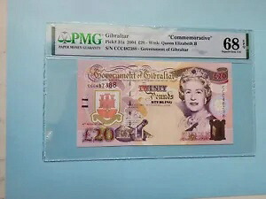 ジブラルタル 2004 20 ポンド GBP20 P31a QEII 記念の素晴らしい宝石 UNC PMG 68 EPQ