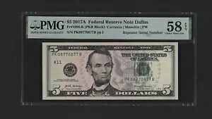 リピーター シリアル番号 FRN ダラス $5 2017 UNC 58 EPQ に関する PMG の選択