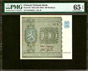 フィンランド 100 Markkaa 1945 (ND 1948) Litt. B ピック-88 GEM UNC PMG 65 EPQ