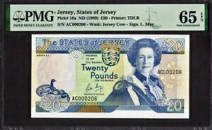 ジャージ 20 ポンド 1989 最初のプレフィックス LOW # AC 000206 Pick-18a GEM UNC PMG 65 EPQ