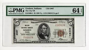 1929 $5 インディアナ州ゴシェン、シティ国立銀行 CH# 2067 - PMG 64 EPQ