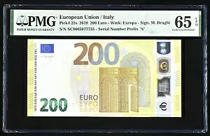 GEM UNC 200 ユーロ イタリア 欧州連合 2019 ドラギ P-25s S005H3 PMG 65EPQ
