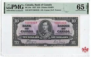 1937 年 カナダ銀行 $10 コイン/タワー H/T3101819 - PMG Unc65 --