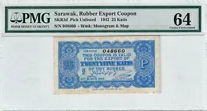 1942 サラワク州、ゴム輸出クーポン SKR3d SN# 048660 PMG CH UNC 64 染色