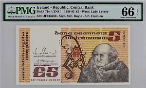アイルランド共和国 1989 5 ポンド P 71 e、UNC PMG 66 EPQ