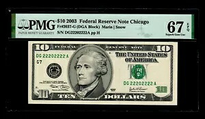 特別シリアル番号 (DC22202222A) 2003 年 $10 連邦準備銀行券 PMG GEM 67 EPQ