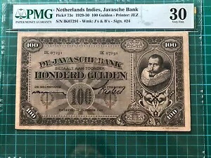 1929 ～ 1930 年 オランダ領インド諸島、ジャヴァシェ銀行 100 グルデン紙幣 PMG 30