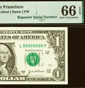 2003A $1 連邦準備銀行紙幣 PMG 66EPQ ファンシー リピーター シリアル番号 90009000
