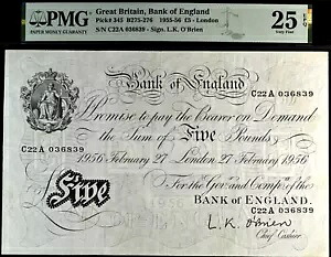 GBP5 ホワイト 5 ポンド紙幣 オブライエン B275-276 PMG 25 1956 ラージ バンク イングランド 65,340円