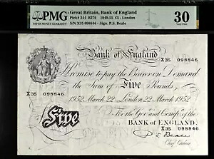GBP5 ホワイト 5 ポンド紙幣 ビール B270 344 PMG 30 1952 ラージ バンク イングランド 紙幣