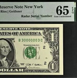 2009 $1 連邦準備銀行紙幣 PMG 65EPQ レーダー回転装置 30000003 を募集