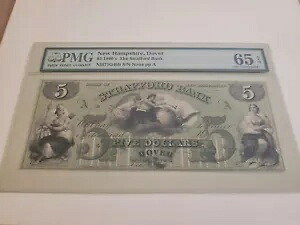 1860年代 5ドル ストラフォード銀行 ドーバー ニューハンプシャー 時代遅れの通貨 PMG GEM 65 EPQ!!!