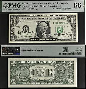 1977 ドル 1 連邦準備券 - PMG 66EPQ - デュアル オートグラフ - モートン / ブルーメンソール