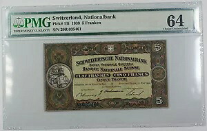 1939 スイス ナショナルバンク 5 フランケン ノート ピック # 11i PMG 64 チョイス UNC ステイン