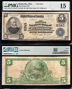 素晴らしい *希少* チョイス ファイン 1902 年 $5 オハイオ州ウェルスビルの国立紙幣! PMG15！ 4600