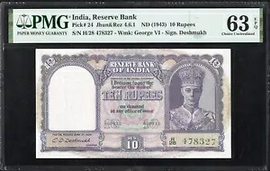 インド イギリス 10 10 ルピー P24 1943 PMG63 UNC EPQ 紙幣 キング ジョージ ヒストリック