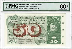 スイス、国立銀行、50 フランケン 1967 P-48g PMG ジェム UNC 66 EPQ