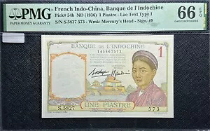 PMG GEM UNC 66 EPQ 1936 フランス インド - 中国 1 ピアストル B/ノート (+無料 1 ノート)#32832