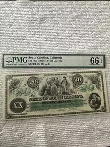 1872 年 $20 サウスカロライナ州コロンビア、サウスカロライナ州廃止紙幣 - PMG 66 EPQ