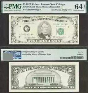 $5 1977 FRN インク不足エラー PMG Ch Unc 64EPQ
