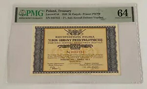 ポーランド、財務省 1939 20 ズロチヒ - 3% ボン オブロニー -PMG CHOICE UNC 64 -レア
