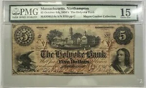 1850 年代のマサチューセッツ州、ノーサンプトン - $5 ホールヨーク銀行 - PMG 15 NET - 非常に珍しいです。