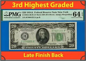1934A $20 連邦準備銀行券 PMG 64EPQ 後期終了ニューヨーク Fr 2055-BLfb