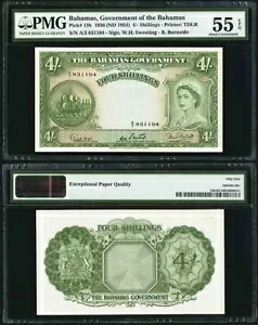 1954 バハマ政府 4 シリング紙幣 P#13b クイーン エリザベス 2 世 PMG 55