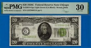 1928C $20 連邦準備券 PMG 30 シカゴ ライトグリーン シール Fr 2053-L