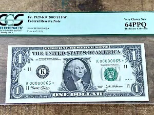 $1 2003 年連邦準備銀行券 1929-K* ダラス PCGS 64PPQ ロー シリアル 65 スター