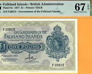 フォークランド諸島-1 ポンド-希少日付 1977-ピック 8c **PMG 67 EPQ SUPERB GEM UNC**