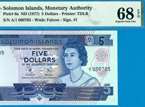 ソロモン諸島-5 $-1977-A/1-LOW S/N 000705-P.6a *PMG 68 SUPERB GEM UNC*トップ ポップ*