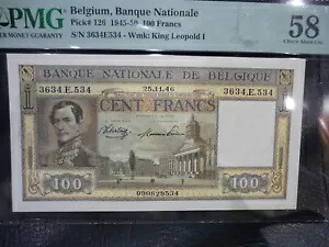 1946 年 ベルギー 100 フラン紙幣 P#126 PMG58