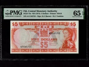 フィジー諸島:P-73c、5$、1974 * クイーンエリザベス II * PMG ジェム UNC 65 EPQ *