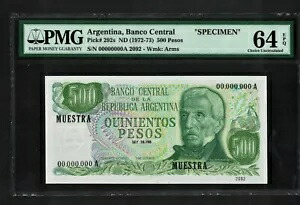 アルゼンチン p-292、UNC、500 ペソ、1972-1973、標本!! PMG グレード 64 EPQ トップ ポップ